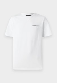 White cotton t-shirt featuring a crew neck, short sleeves, and black "LYLE & SCOTT" text printed on the upper left chest.