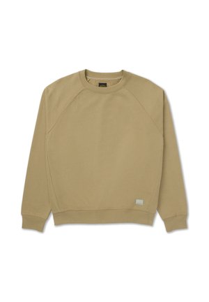 Sweat-shirt beige avec col rond, manches raglan et poignets côtelés. Comprend une petite étiquette de marque sur le bas gauche à l'avant. Texture douce.