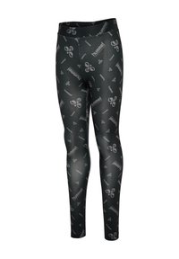 Czarne legginsy o pełnej długości z jasnoszarymi logo "hummel" i symbolami w kształcie pszczół w różnych orientacjach.