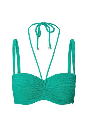 Grønt tekstureret bikini-top med justerbare snore, der har et bandeau-design og samling foran. Glat stof, minimal hardware.