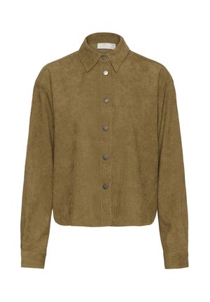 Chemise marron à manches longues avec col, six boutons métalliques visibles sur le devant et une texture douce semblable au daim.