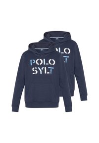 Marinblå hoodies med en framficka i kängurustil och tryckt text "POLO SYLT" i vitt och ljusblått. Mjuk bomullsblandning.