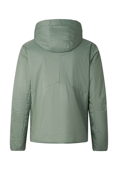 Light green hooded jacket with long sleeves, visible stitching details, and a slightly shiny, textured fabric shown from the back.