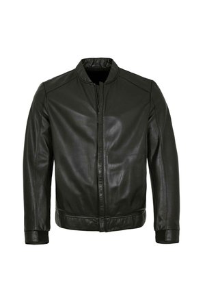 Black leather jacket with front zipper, ribbed cuffs and collar, designed in a classic bomber style.