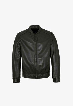 Schwarze Lederjacke mit Frontreißverschluss, gerippten Bündchen und Kragen, gestaltet im klassischen Bomber-Stil.