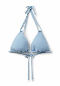 Světle modrý bikinový top s trojúhelníkovým tvarem, tenkými ramínky, zavazováním a nařasenými detaily ve spodní části. Hladký materiál.