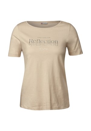 T-shirt in cotone beige a maniche corte, con la scritta "PRENDITI DEL TEMPO PER RIFLETTERE" stampata in argento, collo rotondo e vestibilità ampia.