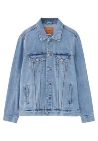 Light blue denim jacket featuring a pointed collar, button-up front, two chest pockets, and side pockets. Distressed texture with stitching details.