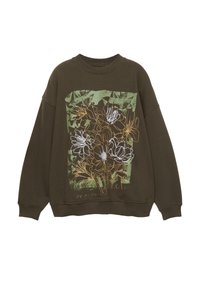 Olíva zöld pulóver, fehér és sárga virágos grafikával, kerek nyakkivágással, hosszú ujjal és laza szabással.