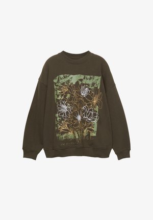 Olijfgroen sweatshirt met een bloemenafbeelding in wit en geel, voorzien van een ronde hals, lange mouwen en een relaxed fit.