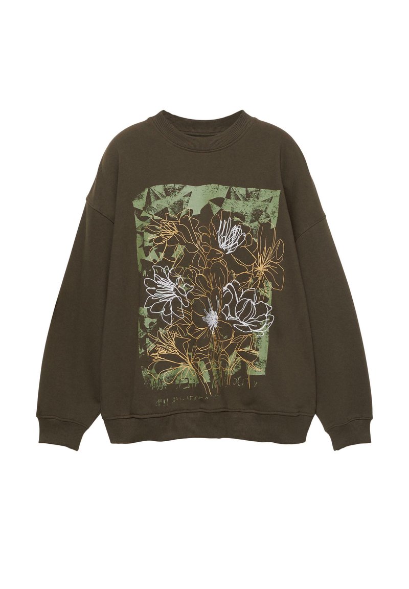 Olíva zöld pulóver, fehér és sárga virágos grafikával, kerek nyakkivágással, hosszú ujjal és laza szabással.