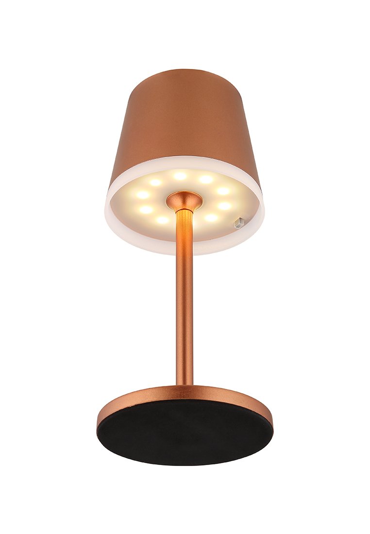 Tischlampe mit Kupferfinish, zylindrischem Schirm, runder Basis und integrierten LED-Leuchten in einer kreisförmigen Anordnung unter dem Schirm.