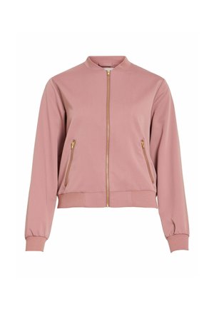 Jachetă bomber roz deschis cu manșete și tiv striate, fermoar frontal și două buzunare laterale cu fermoar, pe un fundal alb.