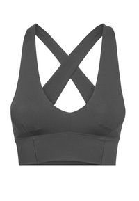 Grå sports-BH med dyp V-utringning, kryssede bakre stropper og glatt tekstur. Har et bredt bånd nederst for støtte.