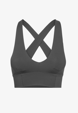 Grå sports-BH med dyp V-utringning, kryssede bakre stropper og glatt tekstur. Har et bredt bånd nederst for støtte.