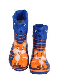 Des bottes de pluie en caoutchouc bleu avec des rayures orange et un design de renard de dessin animé à l'avant. Le haut est équipé d'un cordon de serrage pour un ajustement sûr.