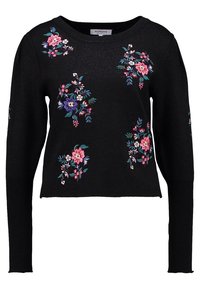 Pull noir avec des broderies florales colorées en rose, bleu et vert. Texture douce, manches longues et encolure arrondie.
