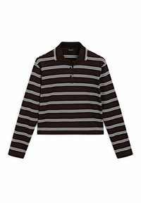 Striped long-sleeve polo shirt featuring a dark brown base with horizontal white stripes, a collared neckline, and cropped hem.
