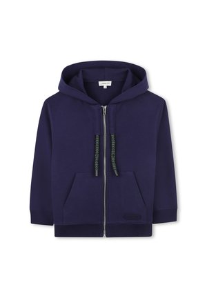 Navy Zip-Up Hoodie aus Baumwolle mit Kapuze mit Zugband und grünen Akzenten, zwei Fronttaschen sowie gerippten Bündchen und Saum.