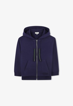 Felpa con zip navy in cotone, dotata di cappuccio con coulisse e accenti verdi, due tasche frontali e polsini e orlo a costine.