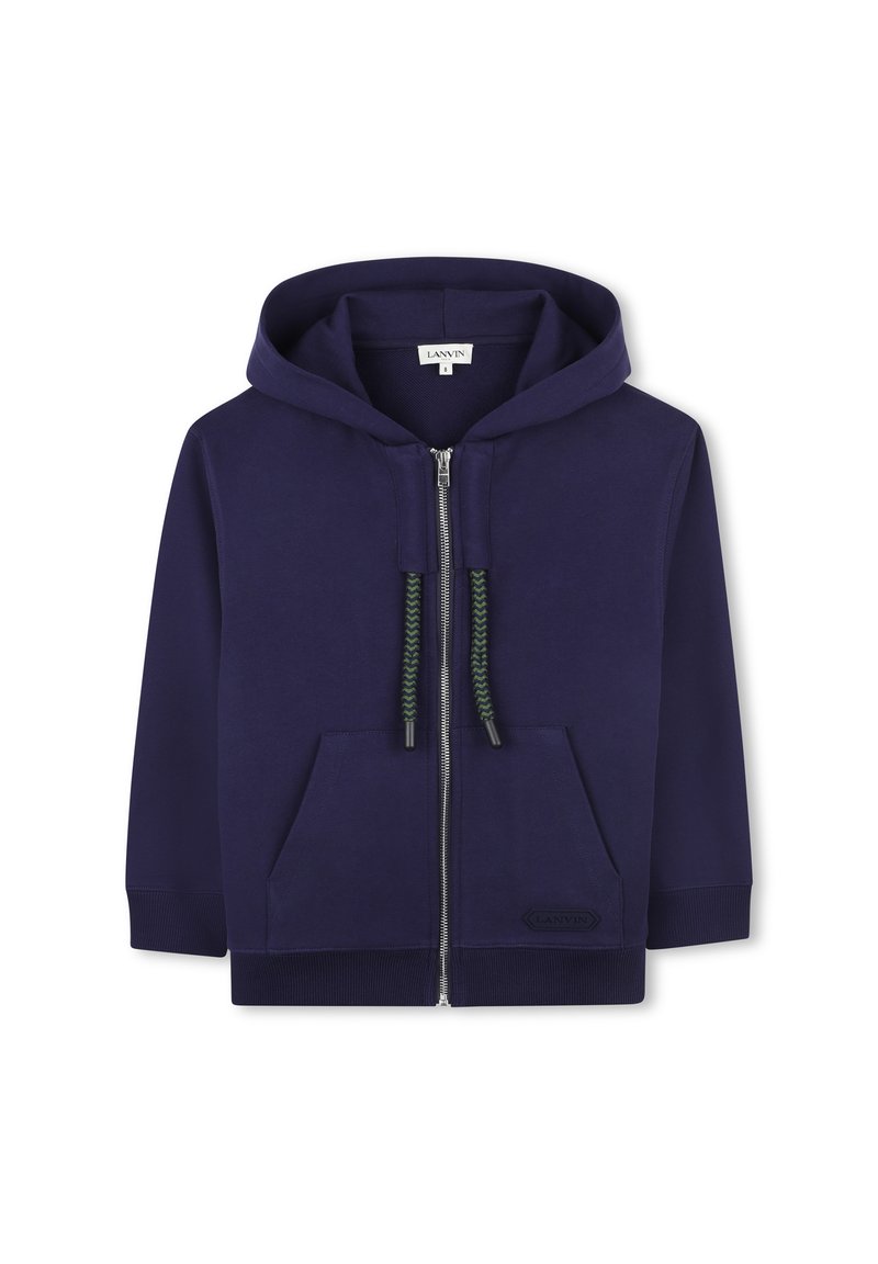 Felpa con zip navy in cotone, dotata di cappuccio con coulisse e accenti verdi, due tasche frontali e polsini e orlo a costine.