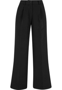 Pantaloni negri, cu picioare largi, cu plisuri frontale, confecționați dintr-un material neted. Au închidere cu nasture și un design croiță.