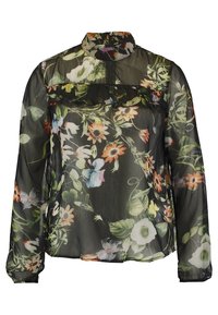 Blouse noire transparente avec des imprimés floraux de différentes couleurs. Dotée d'un col montant et d'un ourlet volé, avec des manches longues et une coupe ample.