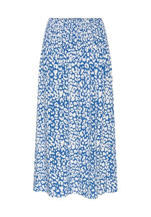 Kék szoknya fehér leopárdmintával, rugalmas derekú, lebegő fazonban és könnyű textúrával. Közepes hosszúságú sziluett.