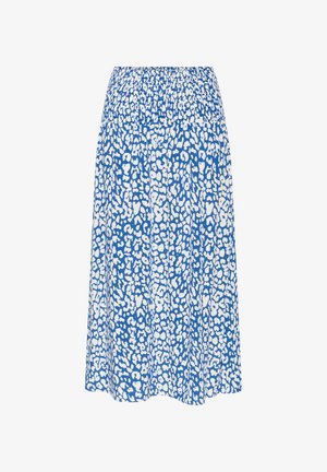 Kék szoknya fehér leopárdmintával, rugalmas derekú, lebegő fazonban és könnyű textúrával. Közepes hosszúságú sziluett.