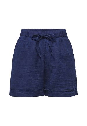 Navy blauwe casual shorts met elastische tailleband en trekkoord, gestructureerde stof en omgeslagen zoom.