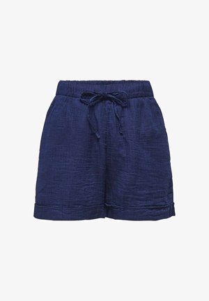 Navy blauwe casual shorts met elastische tailleband en trekkoord, gestructureerde stof en omgeslagen zoom.