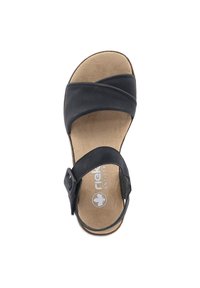 Black leather sandal with crossed straps, adjustable ankle buckle, and a cushioned tan insole. Smooth texture and minimalist design.
