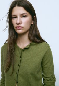 Giovane donna con lunghi capelli castani che indossa un cardigan verde con bottoni, rivolta in avanti con un'espressione neutra su uno sfondo chiaro e semplice.