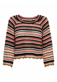 Sweter w paski o luźnym kroju, w ciepłych odcieniach brązu, granatu, różu i kremu. Krótkie wykończenie z falbaniastym hemem i dzianinową teksturą.