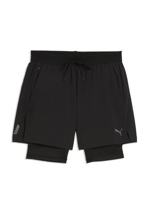 Melnas vīriešu sporta šortus ar iebūvētu kompresijas slāni, auklu jostu, rāvējslēdzēja kabatu un Puma logotipu priekšējā labajā kājā.