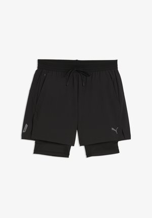 Melnas vīriešu sporta šortus ar iebūvētu kompresijas slāni, auklu jostu, rāvējslēdzēja kabatu un Puma logotipu priekšējā labajā kājā.