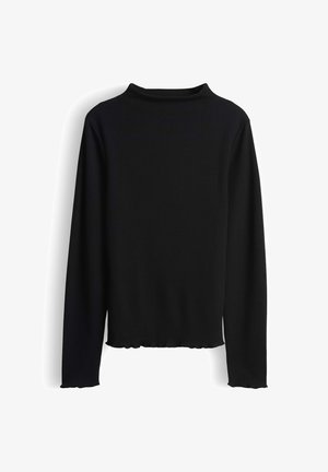 Schwarzes, geripptes Langarmoberteil mit einem hohen Kragen. Besitzt einen gewellten Saum und strukturiertes Material. Schlichtes Design ohne zusätzliche Akzente.