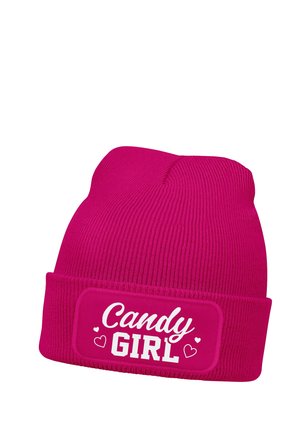 Bright pink knitted beanie with a folded cuff featuring the white text "Candy Girl" and small heart designs.