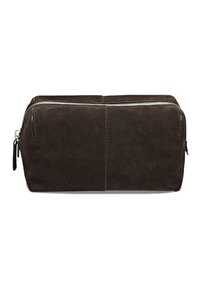 Sacca in suede marrone scuro con una texture liscia, forma rettangolare e dettagli in cerniera argentata lungo la parte superiore. Presenta cuciture minime.