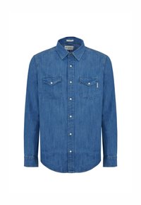 Camicia in denim blu con maniche lunghe, colletto a punta, due tasche sul petto e bottoni bianchi. Presenta un orlo dritto e un leggero dettaglio western.