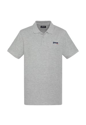 Graues Poloshirt aus Baumwolle, mit klassischem Kragen, kurzen Ärmeln und einem kleinen, in Blau und Rot gestickten Logo auf der linken Brust.