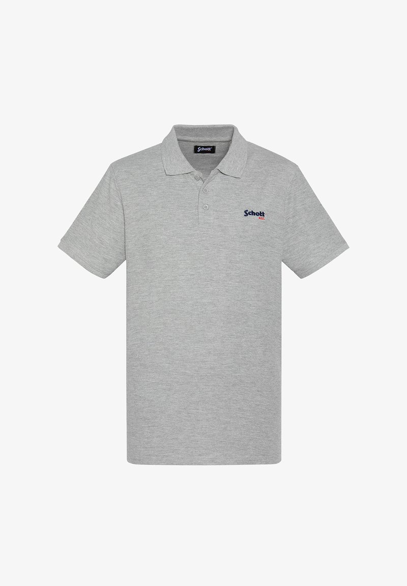 Polo gris en coton, avec un col classique, des manches courtes et un petit logo brodé en bleu et rouge sur la poitrine gauche.