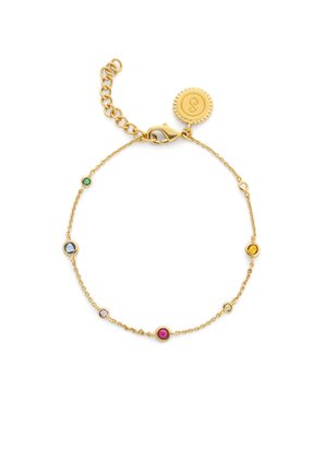 Náramok zlatého retiazky s šiestimi farebnými drahými kameňmi zasadenými do kruhových pazúrikov. Zapínanie obsahuje prívesok s logom a nastaviteľnú dĺžku.