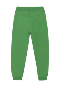 Grüne Baumwoll-Sweatpants mit elastischem Bund, schmal zulaufenden Beinen und einer einzelnen Gesäßtasche. Glatte Textur mit kontrastierenden Nähten.
