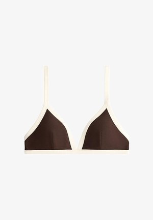 Bralette triangolare marrone con sottili spalline bianche e bordo bianco lungo i bordi e la fascia sottoseno, su uno sfondo bianco semplice.
