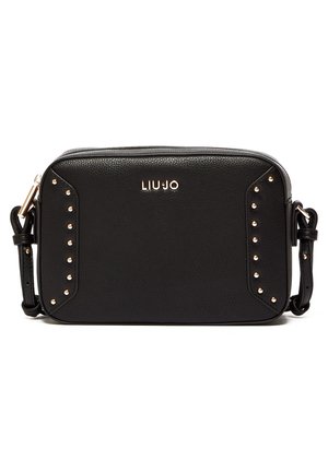 Zwarte rechthoekige leren crossbodytas met gouden studs aan de zijkanten en een gouden LIU JO-logo gecentreerd aan de voorkant.