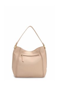 Jasnobeżowa skórzana torebka o gładkiej fakturze, zaokrąglonym górnym kształcie, pojedynczym pasku na ramię i przedniej kieszeni na zamek.