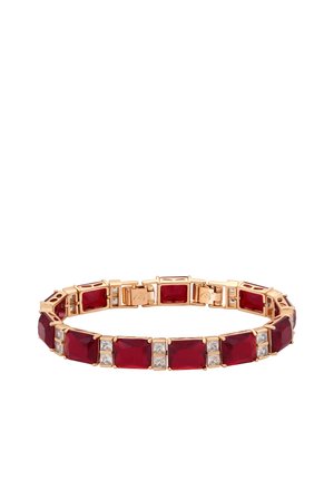 Rotes Edelsteinarmband mit rechteckigen roten Steinen, die mit quadratischen klaren Kristallen abwechseln, eingefasst in goldfarbigem Metall.