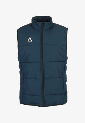 Puffweste ohne Ärmel in Dunkelblau, mit hohem Kragen, Frontreißverschluss und weißem Logo auf der linken Brust. Strukturiertes, gestepptes Design.