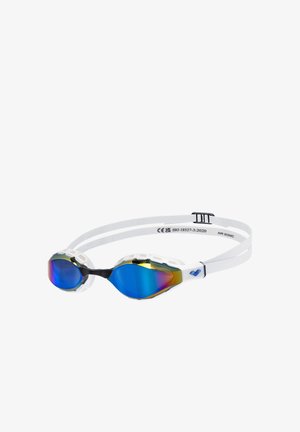 Schutzbrille mit weißem Rahmen und doppelt blau verspiegelten Gläsern. Strukturierter schwarzer Nasensteg und verstellbare Gurte für sicheren Sitz. CE-zertifiziert.